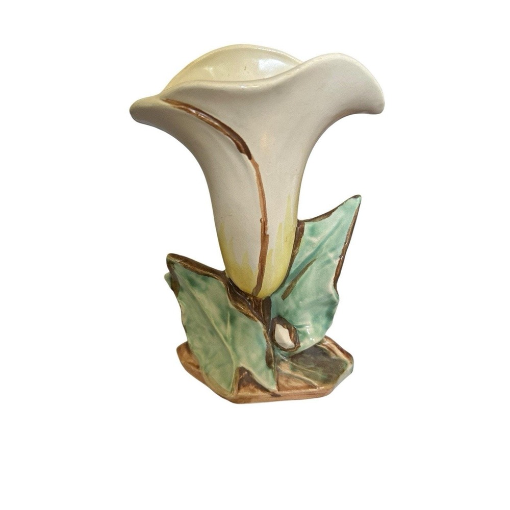 Vintage McCoy Pottery 1940's Single White & Yellow Calla Lily Vase Approx 7.5" T